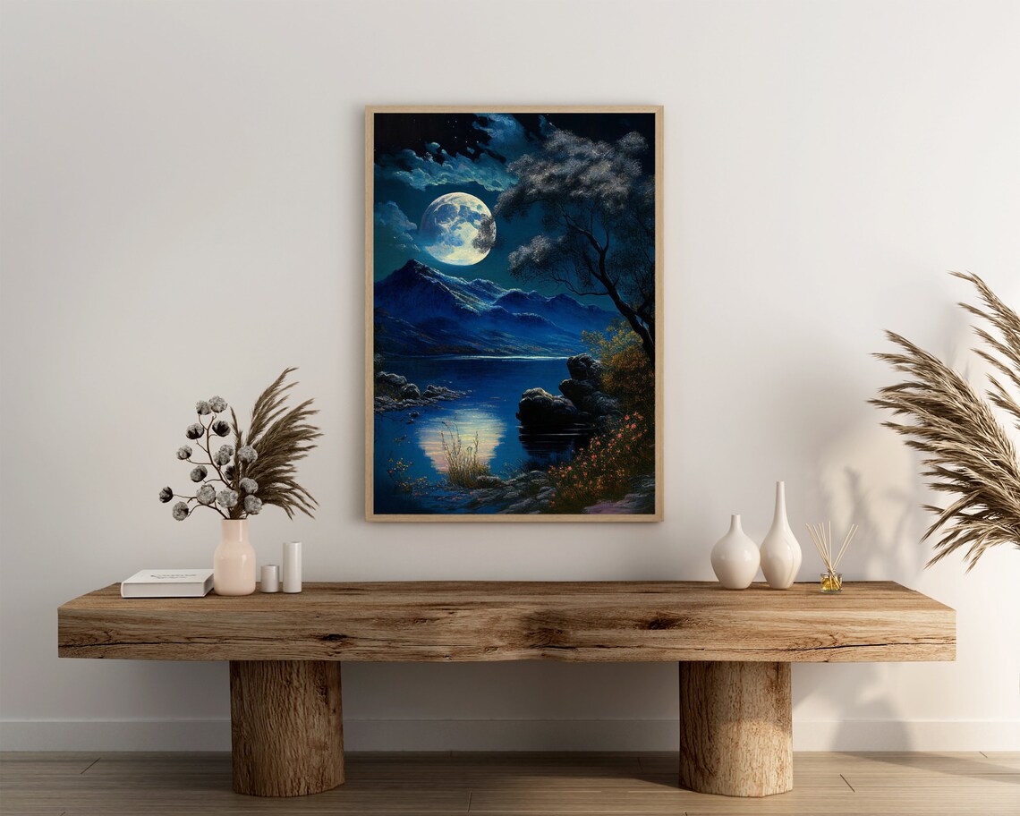 Serene Full Moon Rising Over Mountain Lake Blue Night Scene Poster - Image 3
