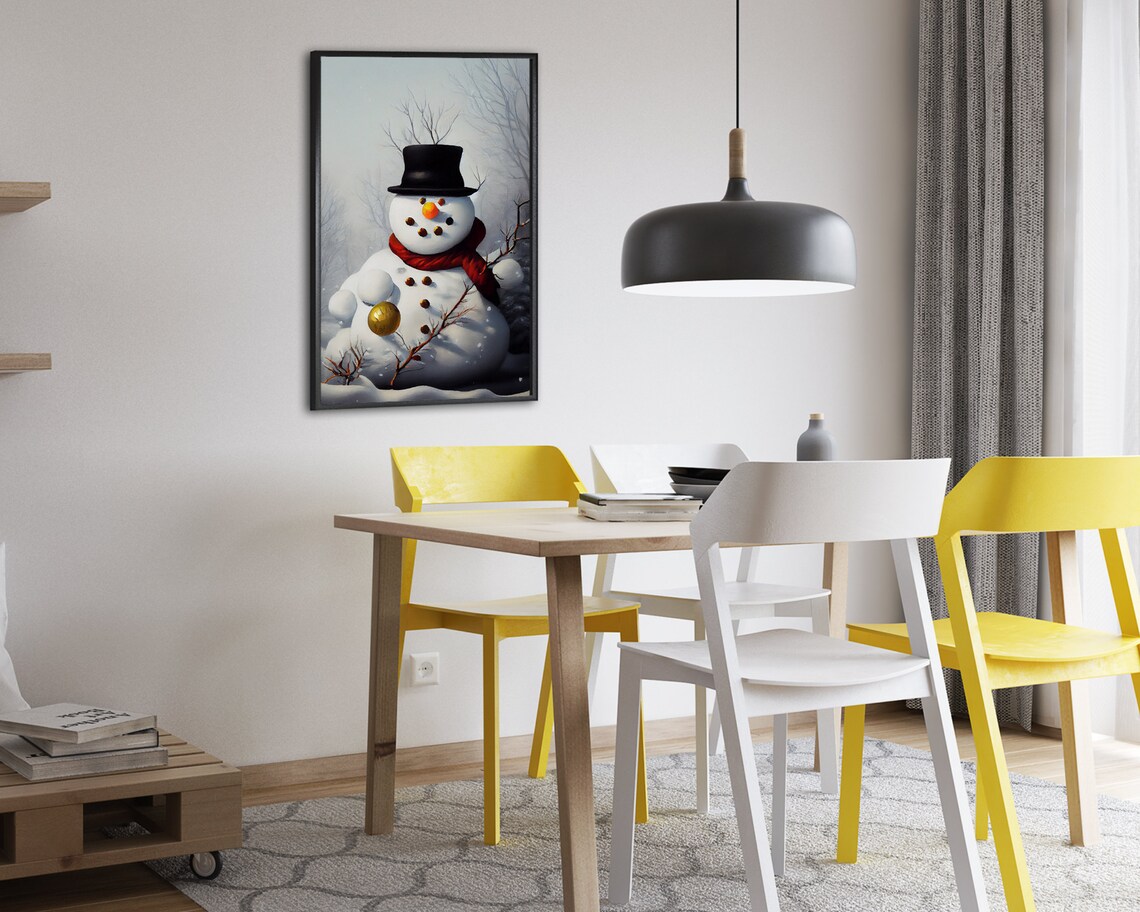 A Jolly Snowman in Top Hat and Red Scarf Misty Winter Woods Vintage Poster - Image 2