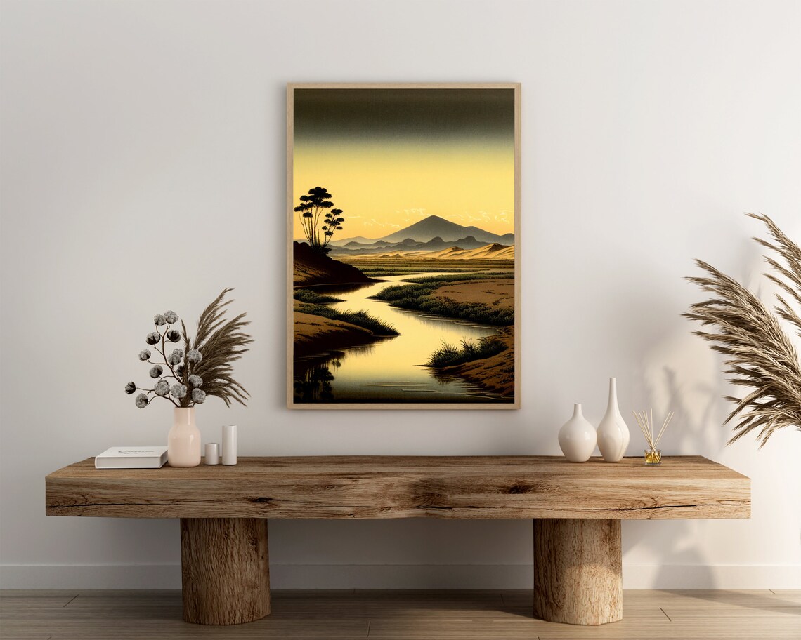 Golden Mount Fuji at Sunset Japanese Woodblock River Scene Poster - Image 3