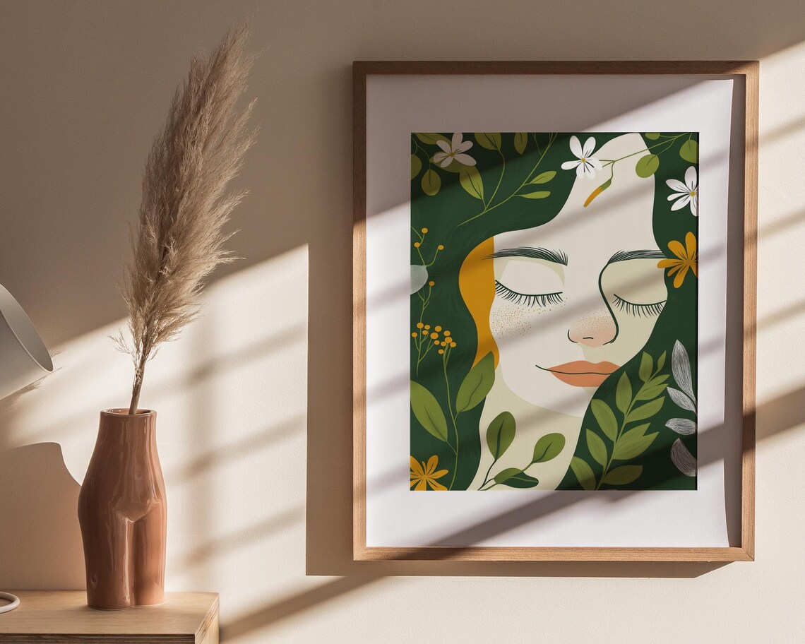 Bohemian Floral Crown Woman Portrait Green Botanical Garden Poster - Image 3