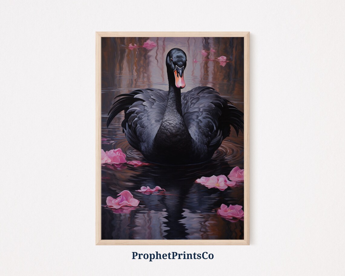 Graceful Black Swan Floating Petals Dark Water Painting Poster