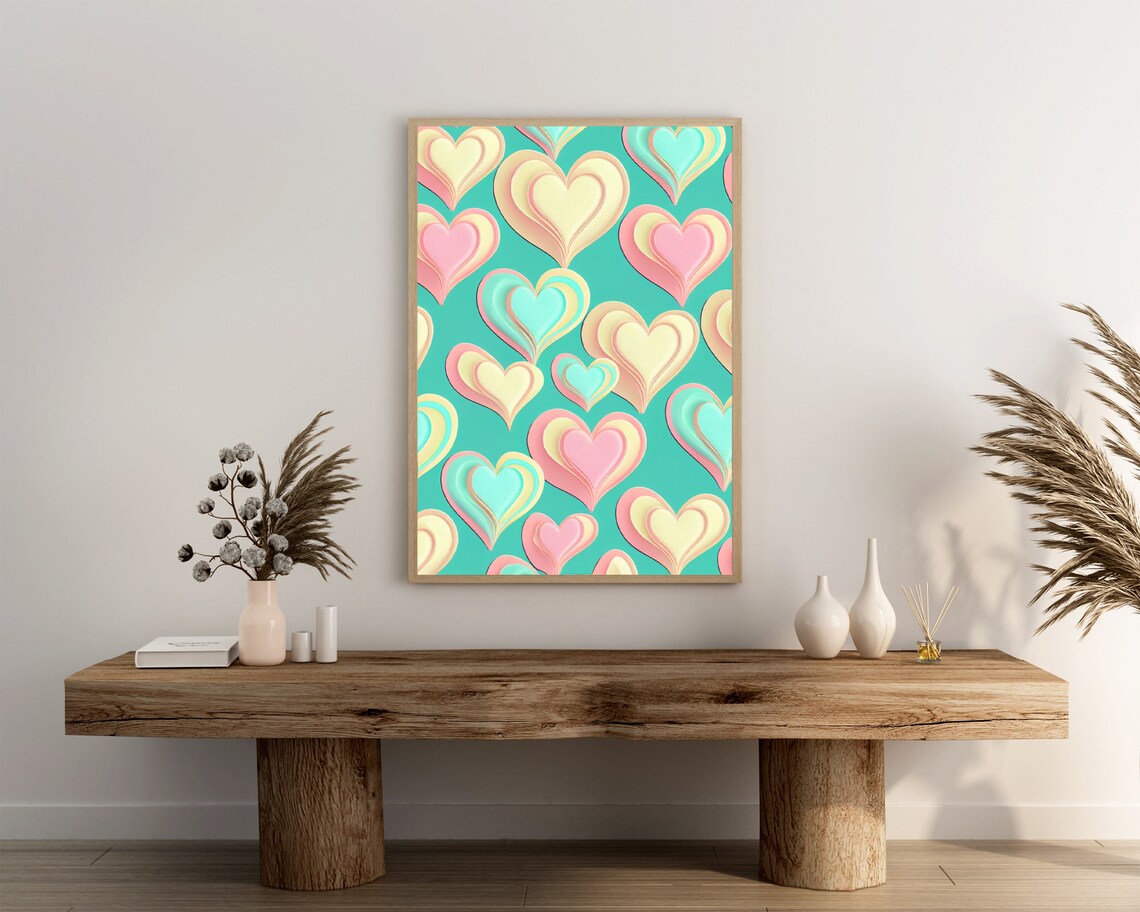Pastel 3D Hearts Layered Paper Cut Cream Pink Mint On Teal Poster - Image 3
