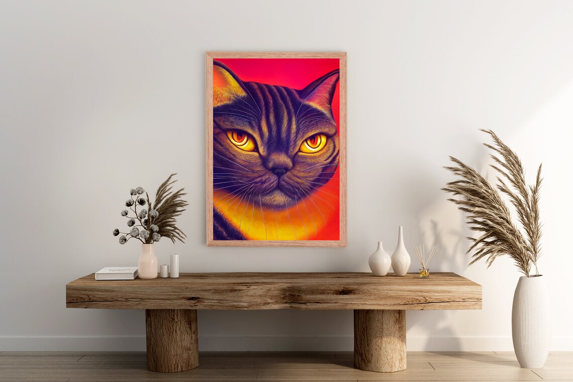 Tabby Cat Fiery Orange Eyes Intense Feline Portrait Animal Poster - Image 2