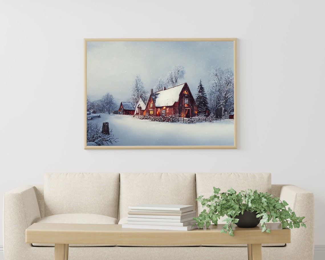 Snowy Winter Barn with Glowing Windows Rustic Oil Painting Poster - Image 3