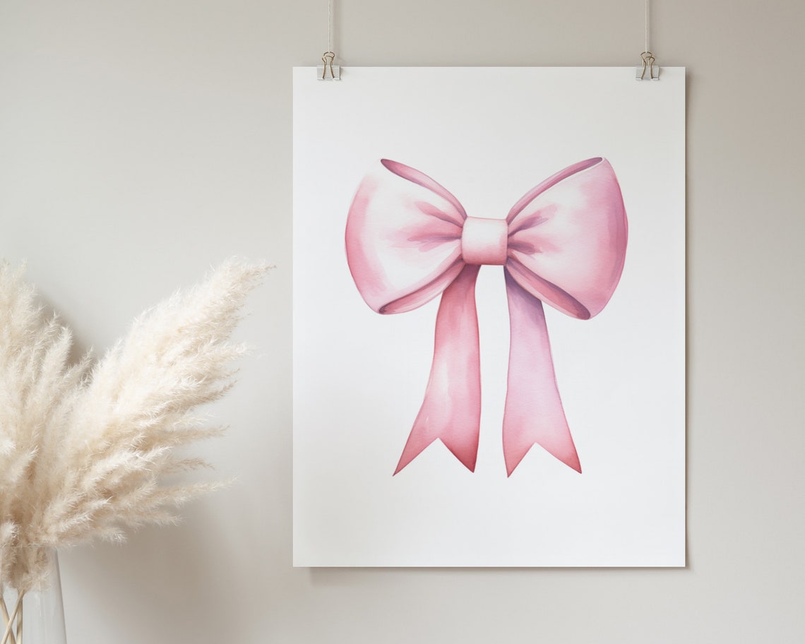 Soft Pink Satin Bow Minimalist Watercolor Nursery Wall Poster - Image 2