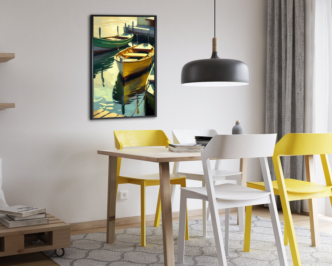 Golden Rowboat Reflection Harbor Boats Impressionist Nautical Art Poster - Image 2