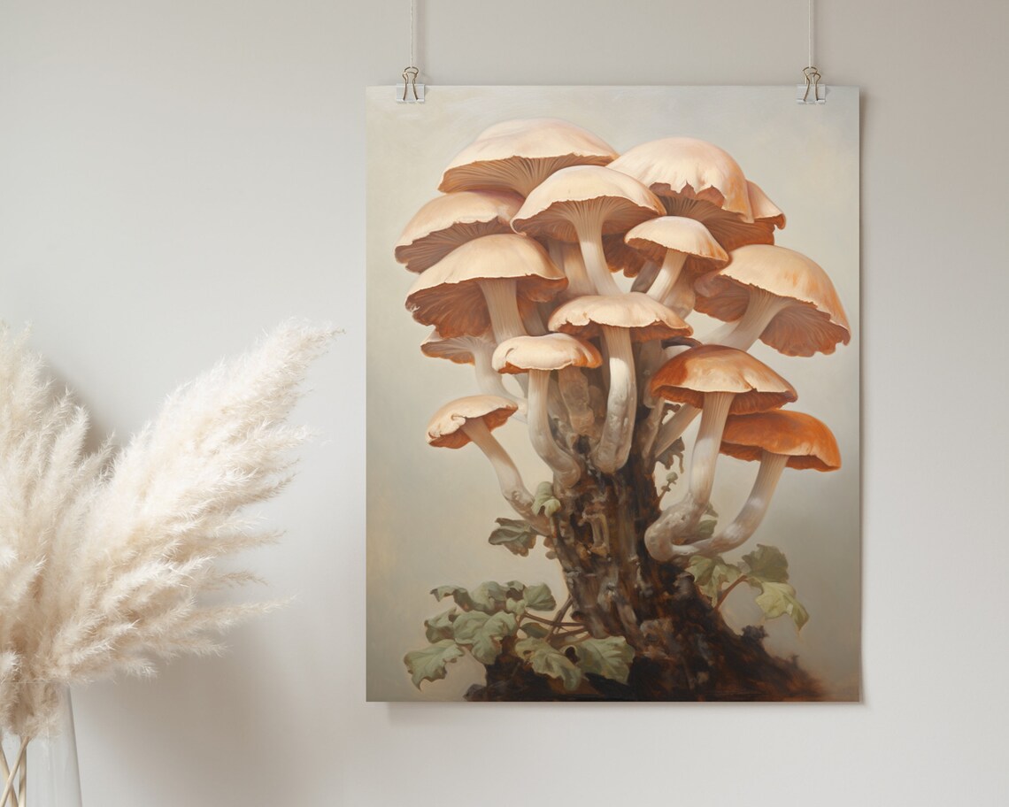 Cluster of Cream Mushrooms on Tree Stump Vintage Botanical Painting Poster - Image 2