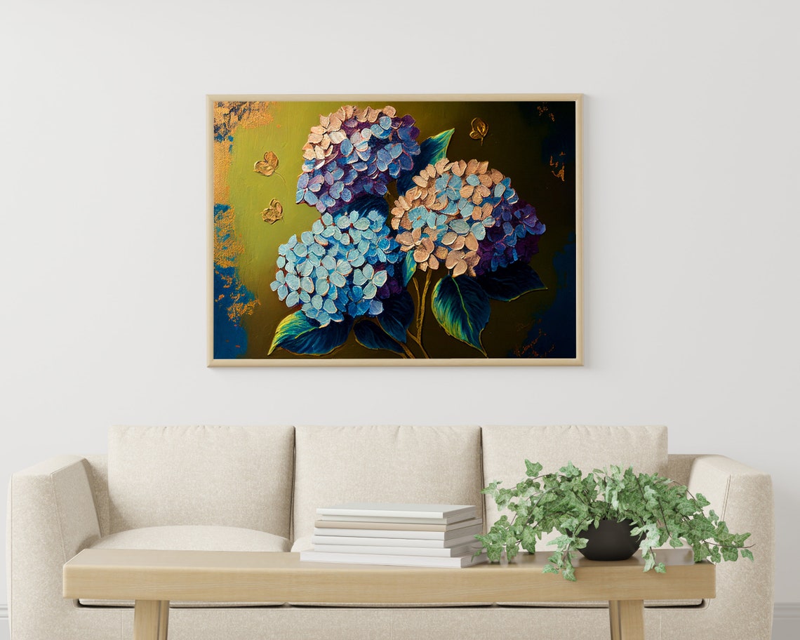 Rich Hydrangea Blooms on Dark Gold Moody Botanical Art Poster - Image 3