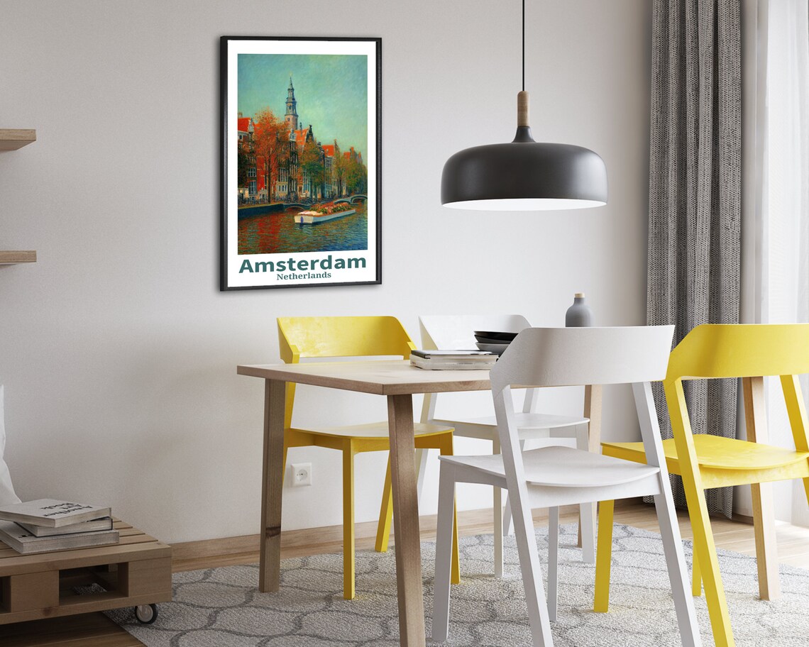 Amsterdam Canal Flower Boat Gabled Houses Netherlands Travel Poster - Image 2