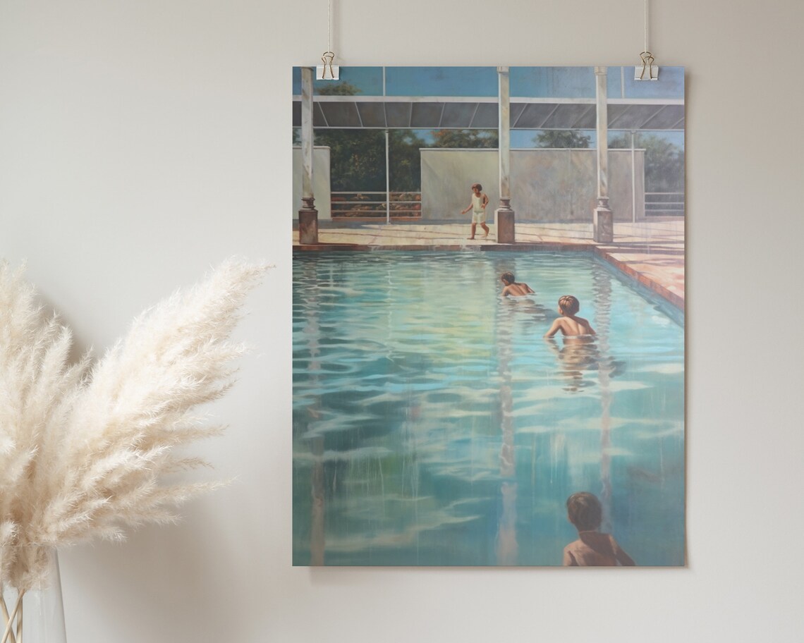 Boys Swimming Grand Pool Vintage Summer Nostalgic Painting Poster - Image 2