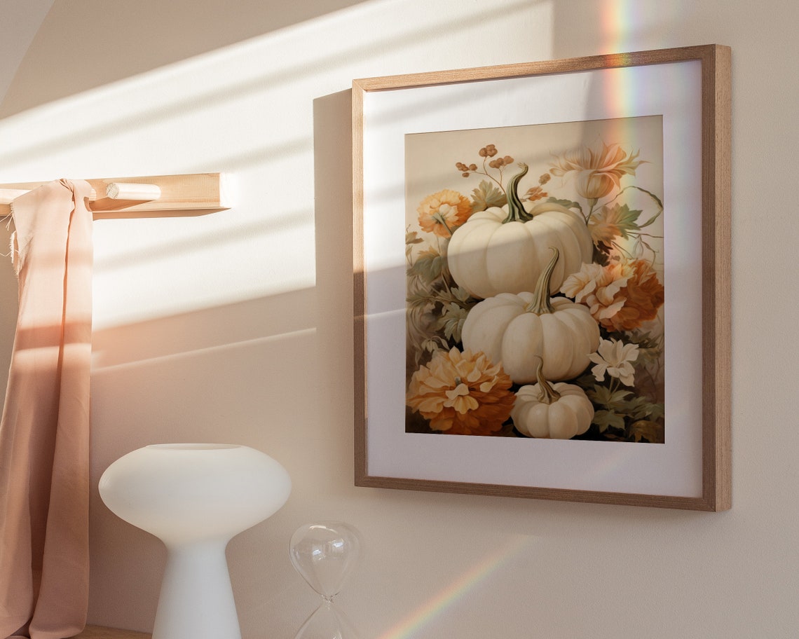 White Pumpkins With Autumn Flowers Muted Farmhouse Fall Art Poster - Image 3
