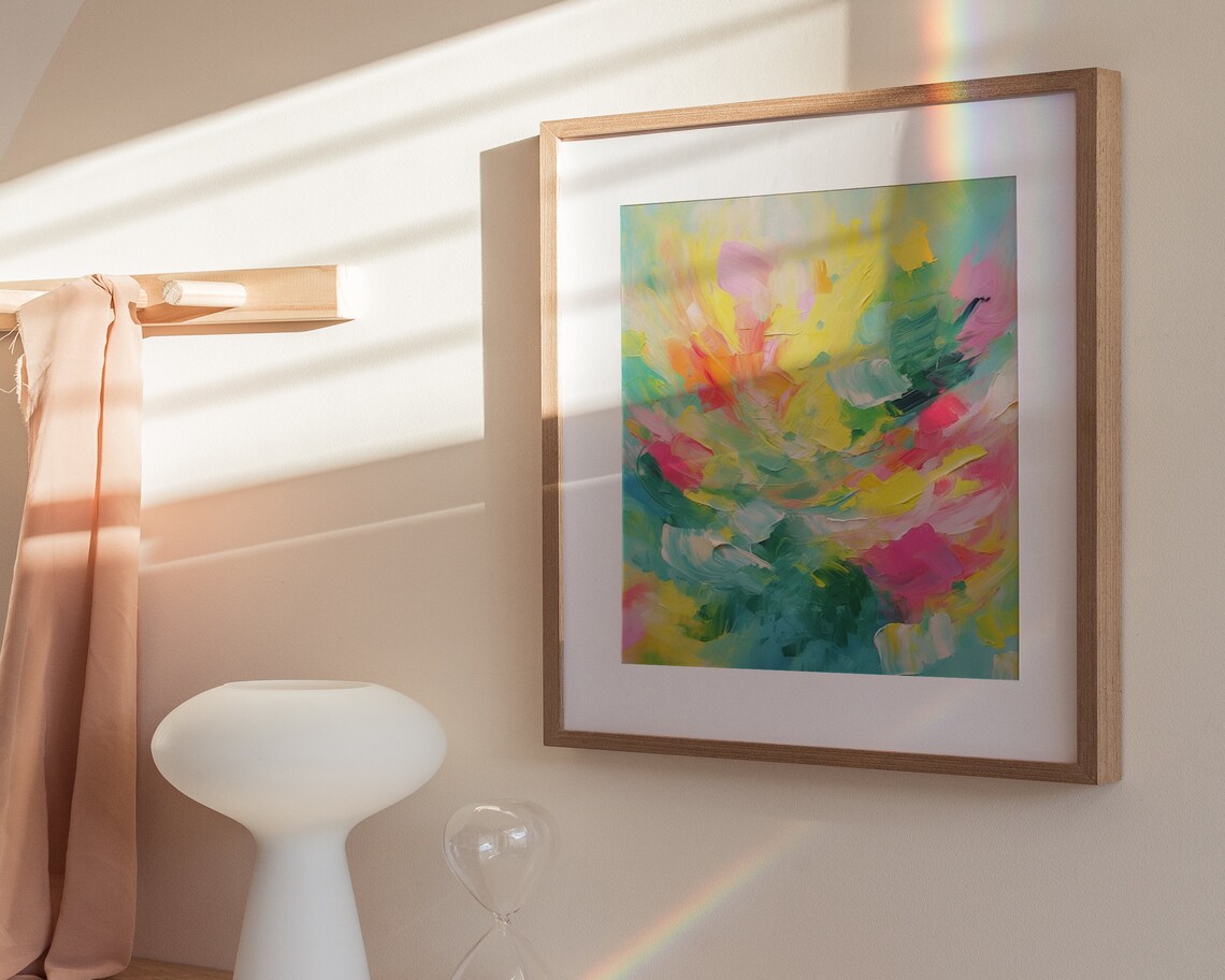 Bright Colorful Abstract Oil Painting Swirling Yellow Pink Teal Poster - Image 2