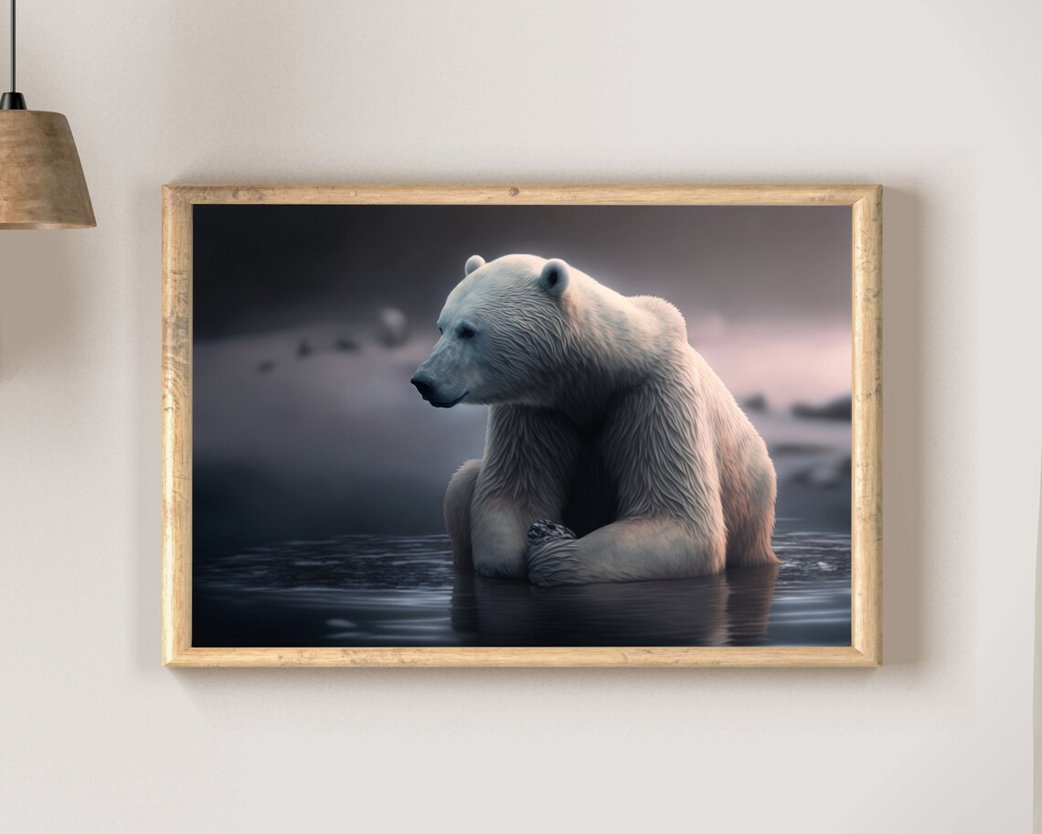 Moody Polar Bear Resting in Dark Arctic Water Wildlife Art Poster - Image 2