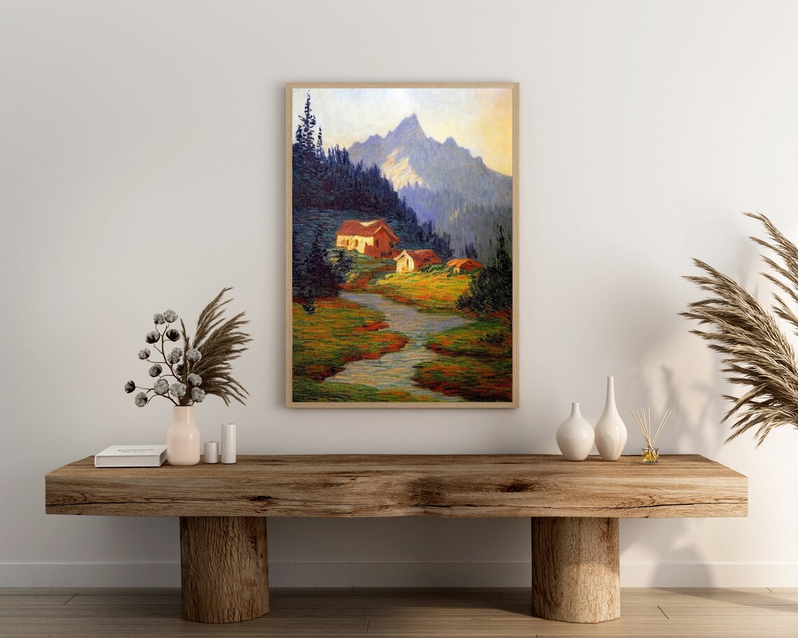 Small Cabins in an Alpine Valley With a Mountain Stream Poster - Image 3