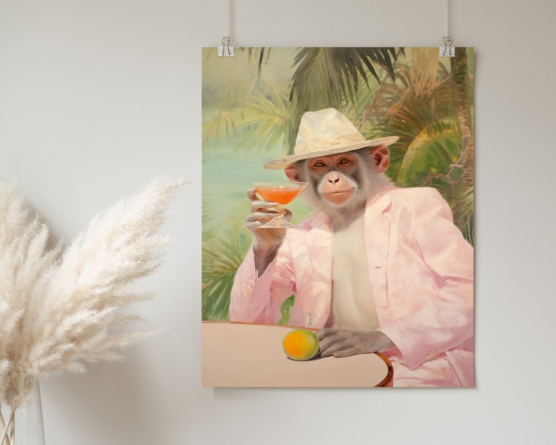 Dapper Monkey Pink Suit Cocktail Vintage Tropical Art Poster - Image 2