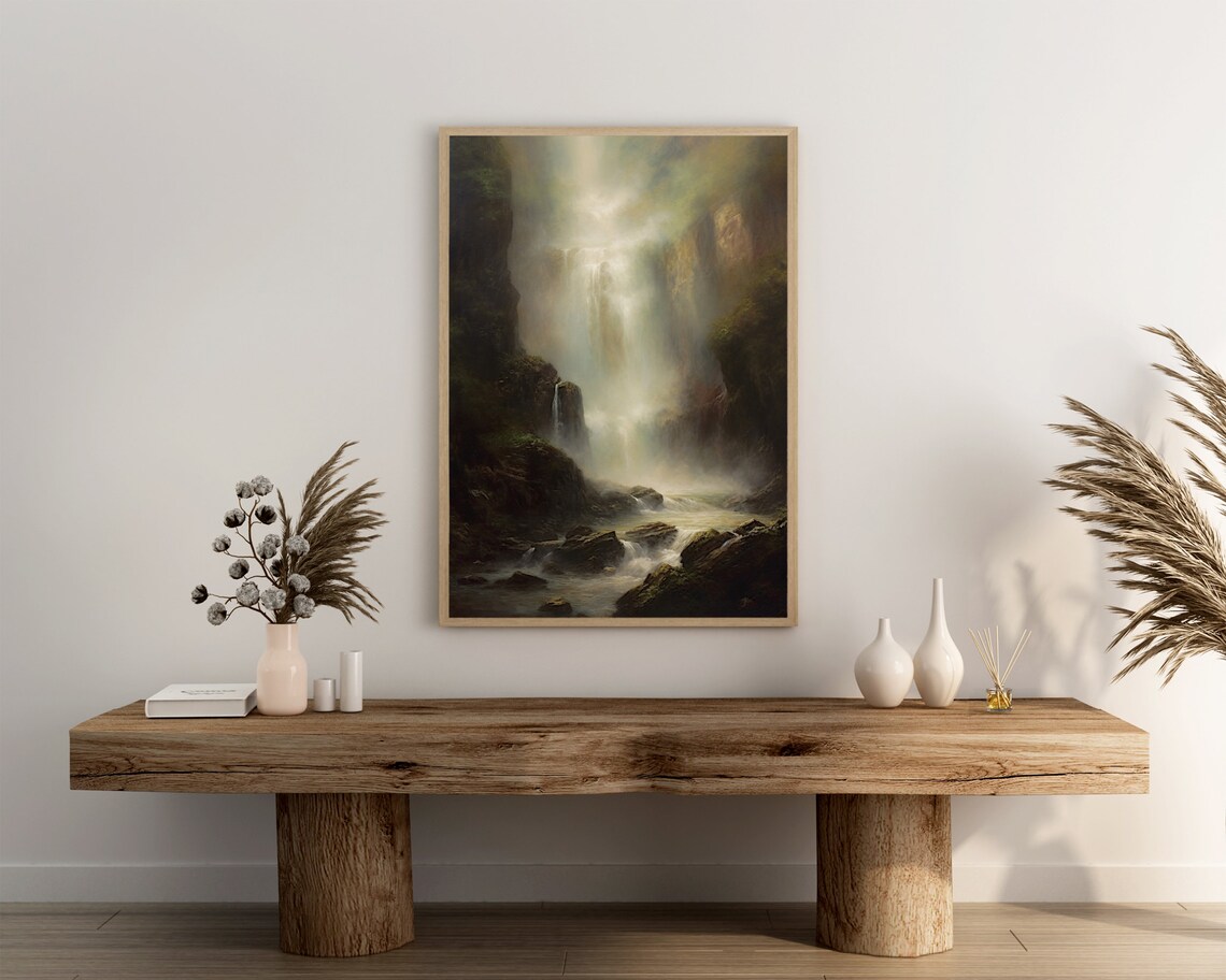 Glowing Waterfall in a Dark Rocky Canyon Oil Painting Poster - Image 3