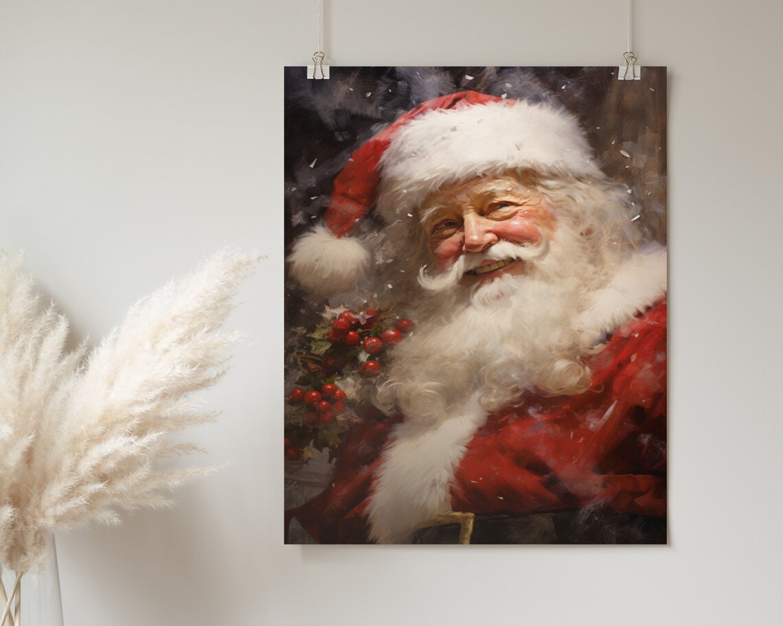 Laughing Santa Claus with Holly Berries Vintage Snowy Christmas Painting Poster - Image 2