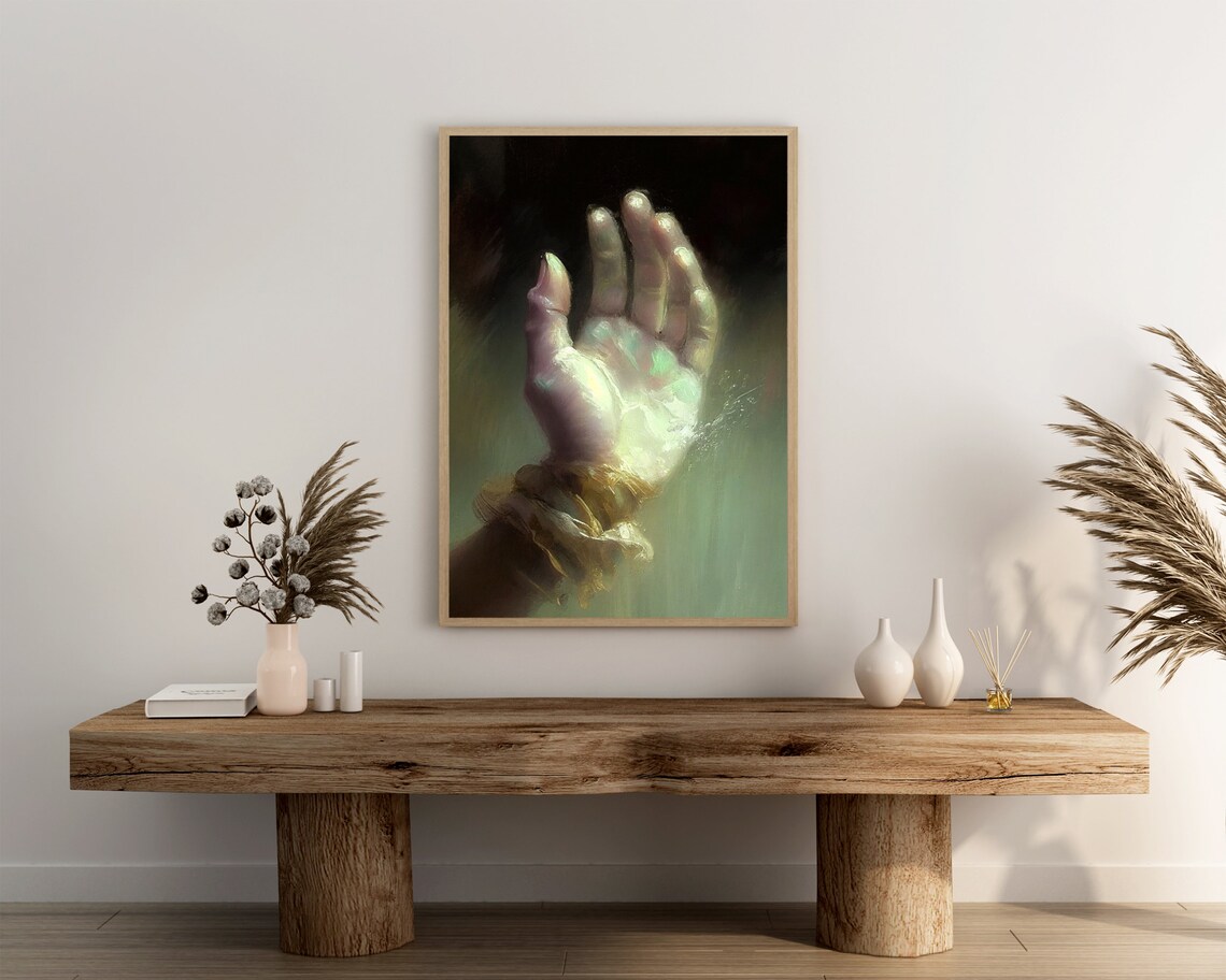 Open Hand Wrapped in Golden Cloth Green Glow Oil Painting Poster - Image 3