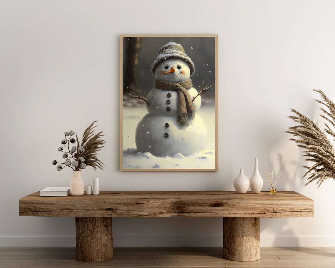 Cute Snowman with Knit Cap and Scarf Falling Snow Winter Poster - Image 3