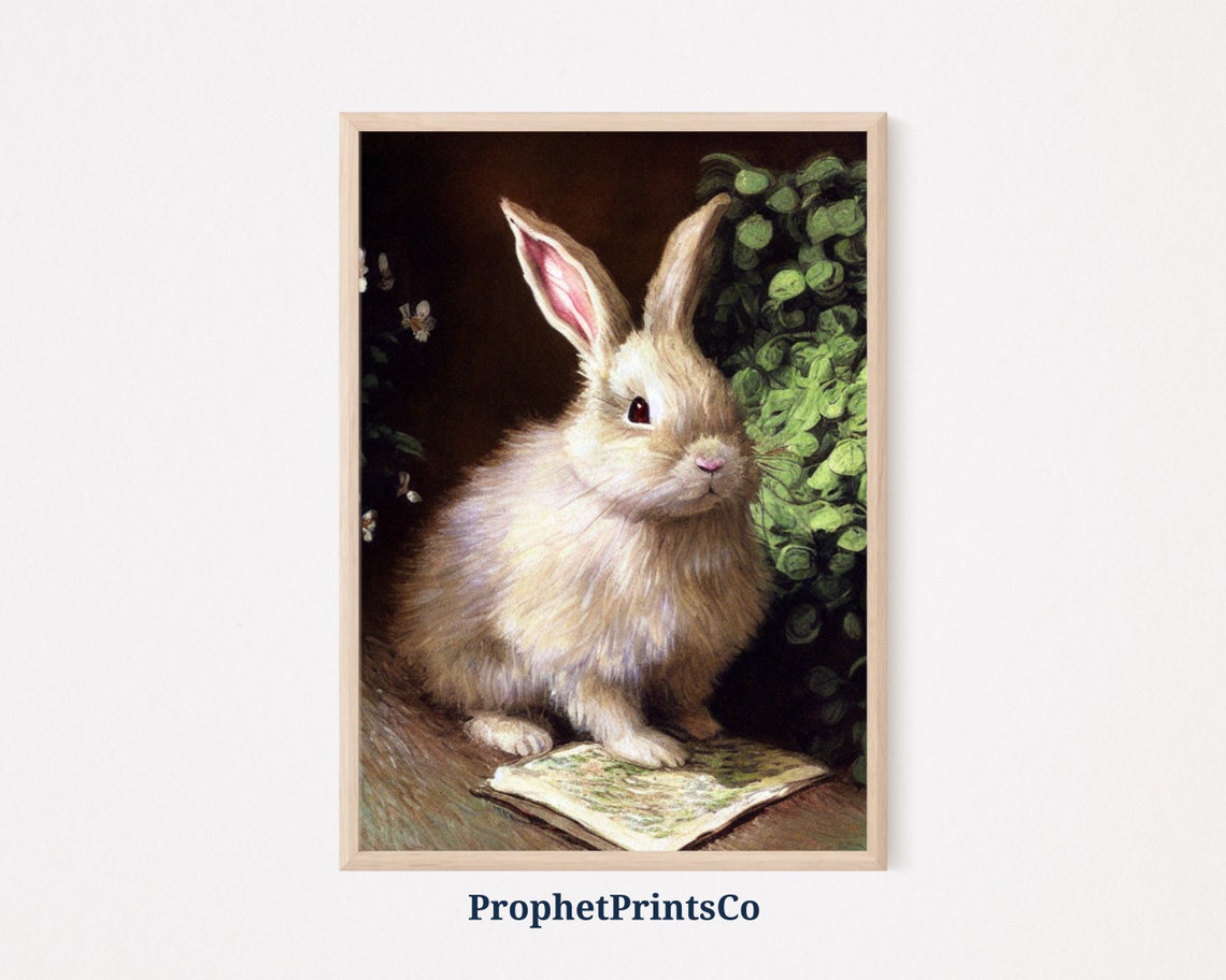 Fluffy White Bunny Sitting on a Book Vintage Oil Painting Poster