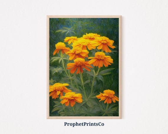 Digitial Beautiful Marigold Poster Print Flower Nature Wall Art Monet Inspired Orange Plant Room Dcor