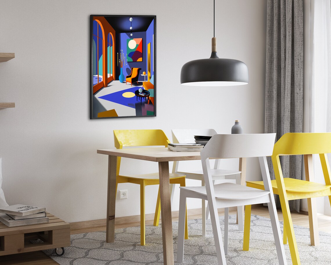 Retro 80s Living Room Poster Orange Armchair with Bold Blue Accents - Image 2