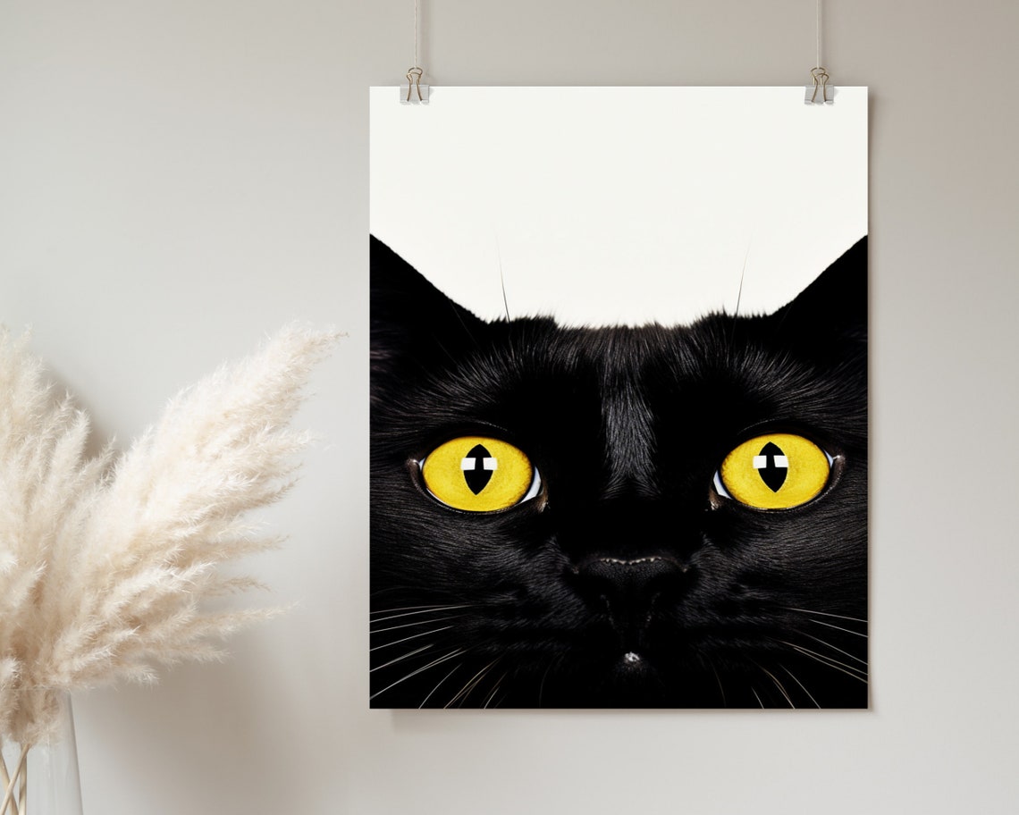 Funny Black Cat With Yellow Eyes Peeking Minimalist Art Poster - Image 2