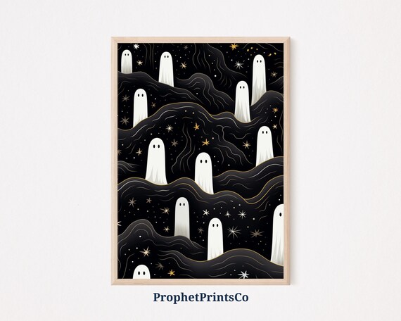 Cute Ghosts On Starry Night Hills Gold Stars Halloween Poster