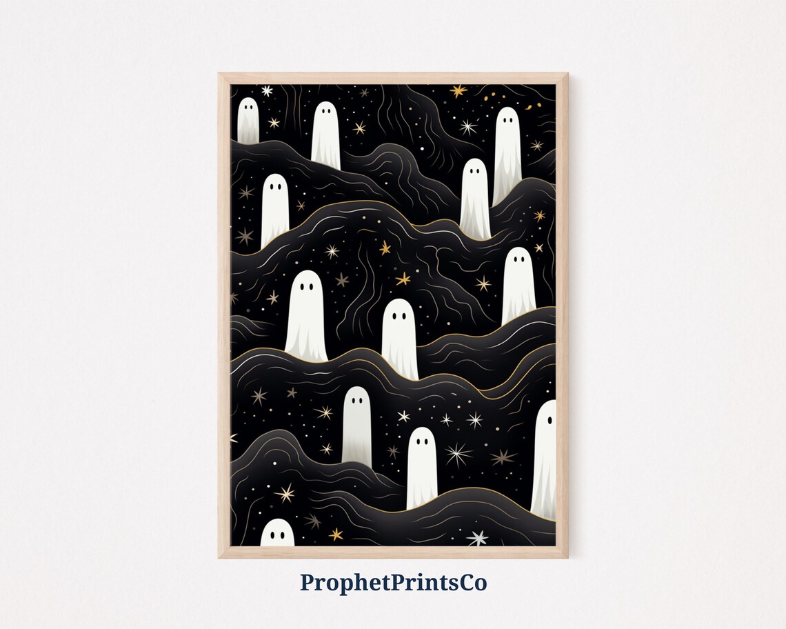 Cute Ghosts On Starry Night Hills Gold Stars Halloween Poster