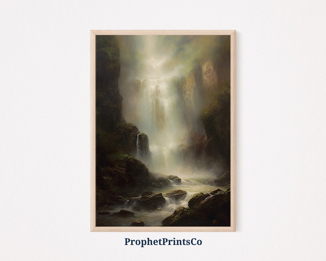 Glowing Waterfall in a Dark Rocky Canyon Oil Painting Poster