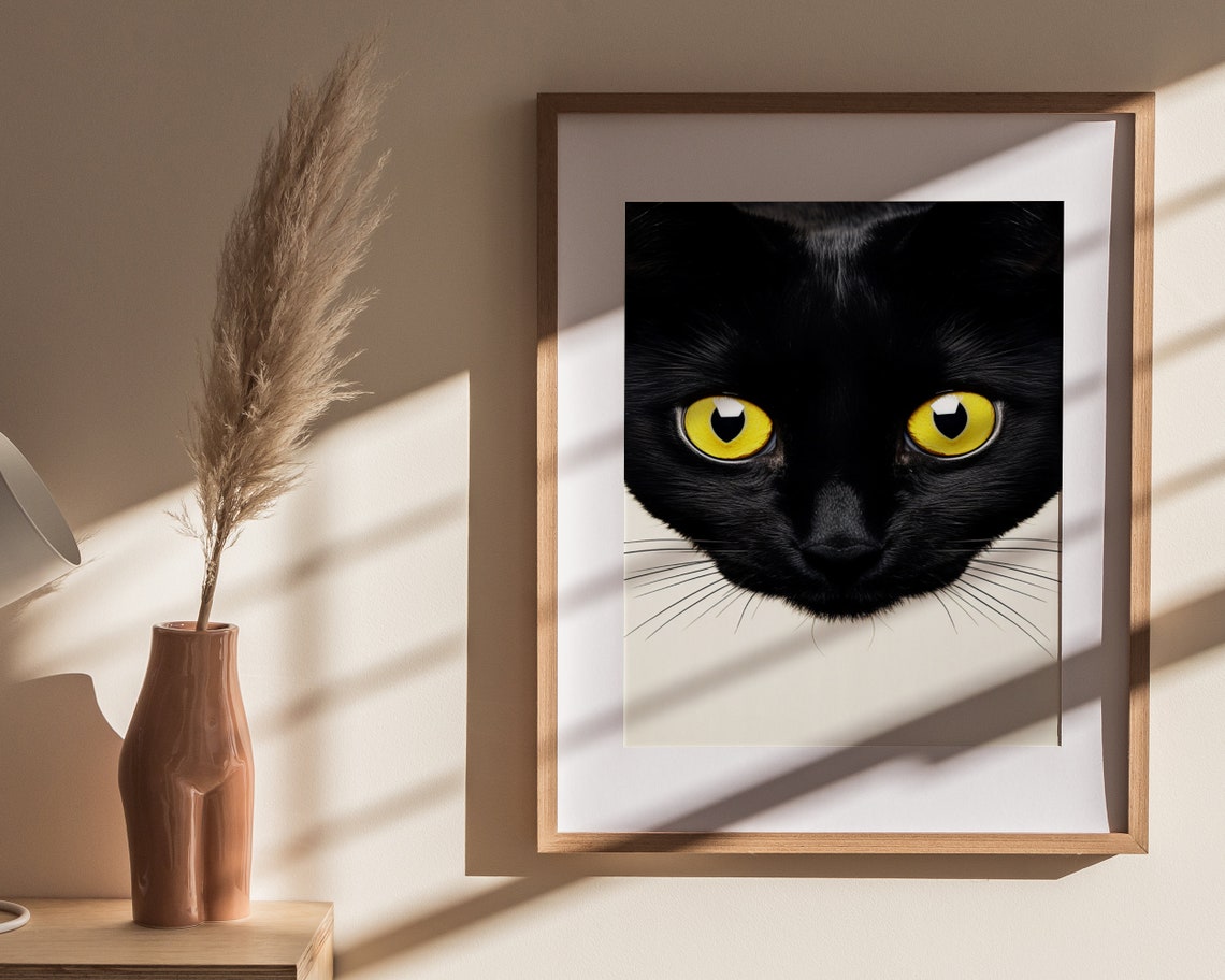 Funny Black Cat Face Yellow Eyes Minimalist Cream Art Poster - Image 4