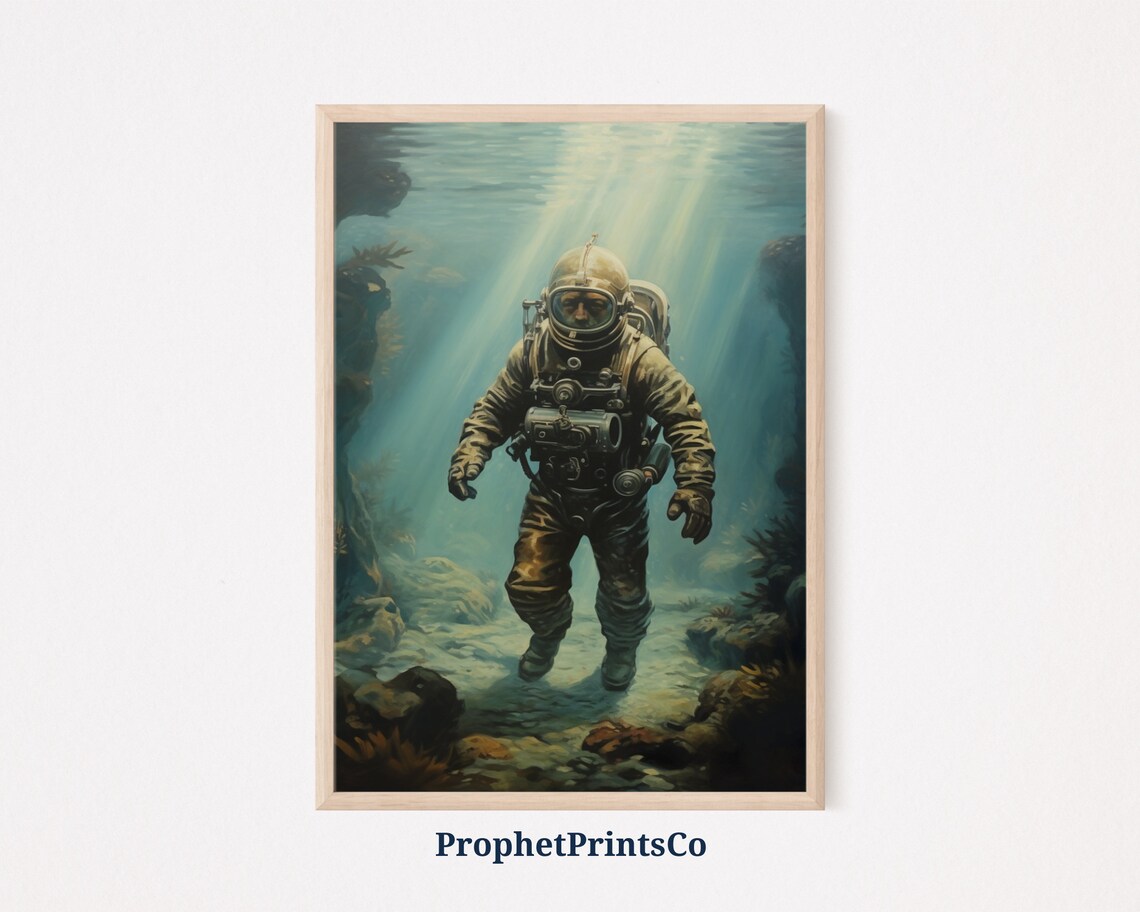Vintage Deep Sea Diver Brass Helmet Underwater Painting Poster