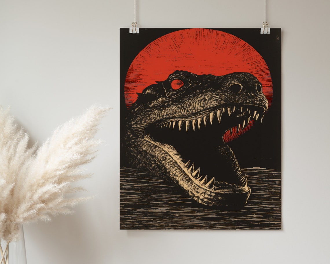 Crocodile Profile Emerging Water Red Sun Woodblock Art Poster - Image 2