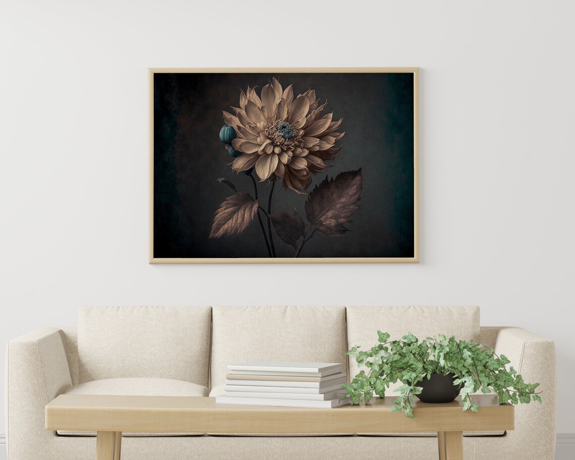 Moody Vintage Pale Flower With Teal Buds on Dark Background Art Poster - Image 3