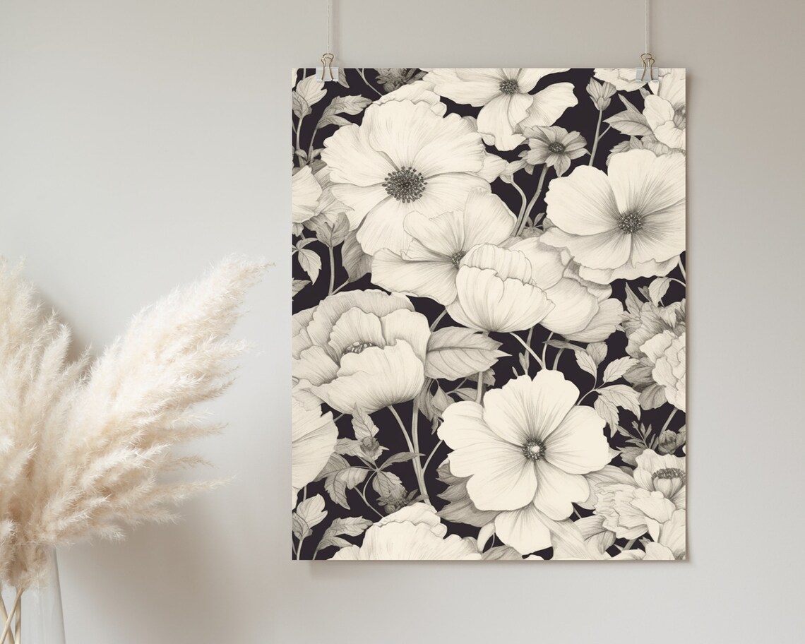 White Poppy Blooms on Black Vintage Botanical Sketch Art Poster - Image 2