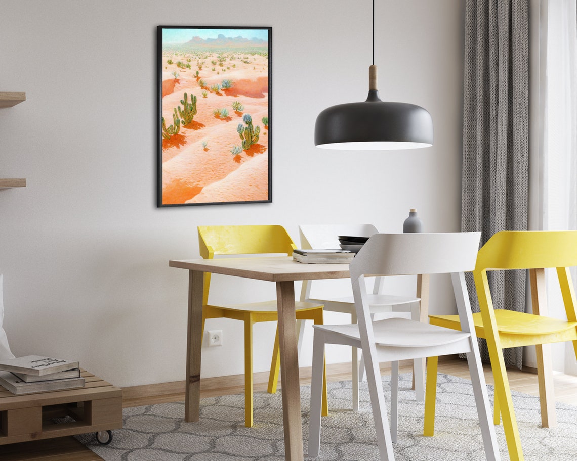 Green Cacti in Orange Desert Sand Dunes Landscape Painting Poster - Image 2