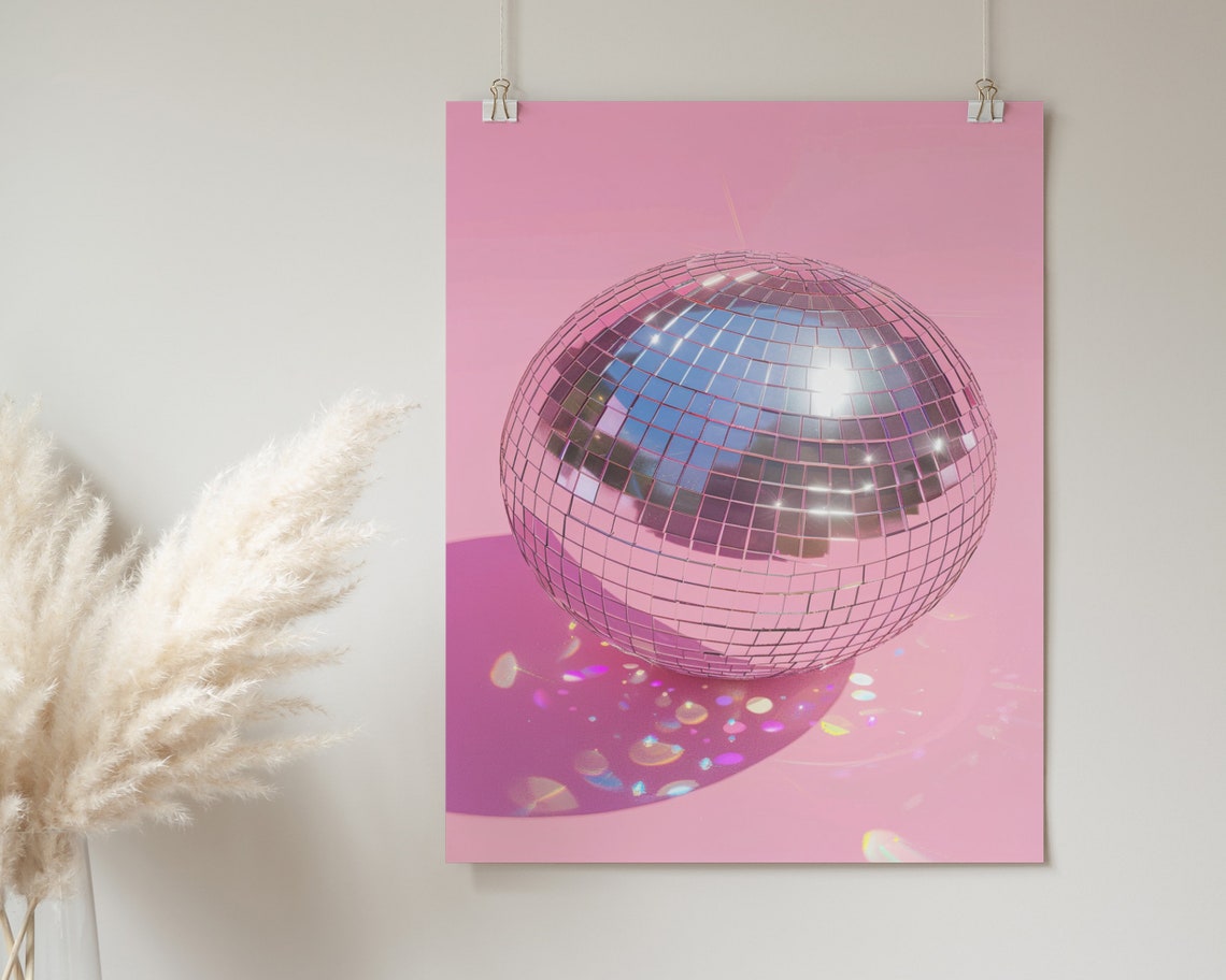 Disco Ball Sparkle Reflections Pink Background Trendy Glam Wall Poster - Image 2