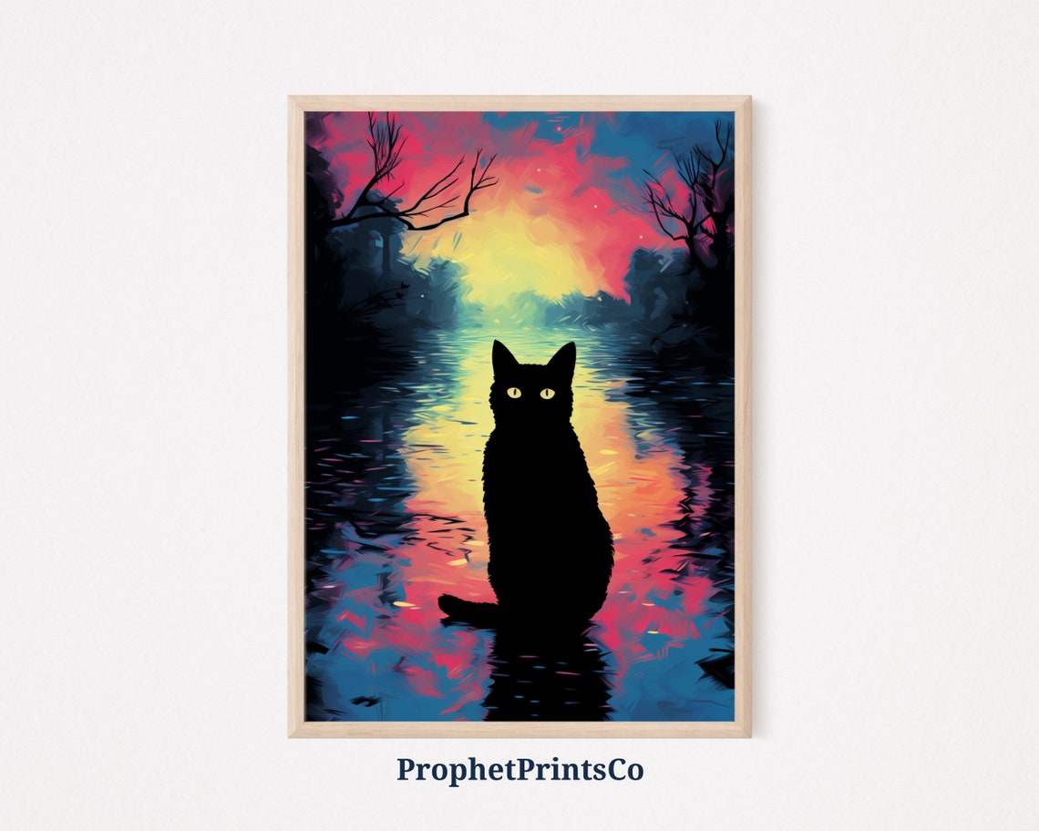 Black Cat Silhouette Glowing Eyes Neon Sunset Lake Art Poster