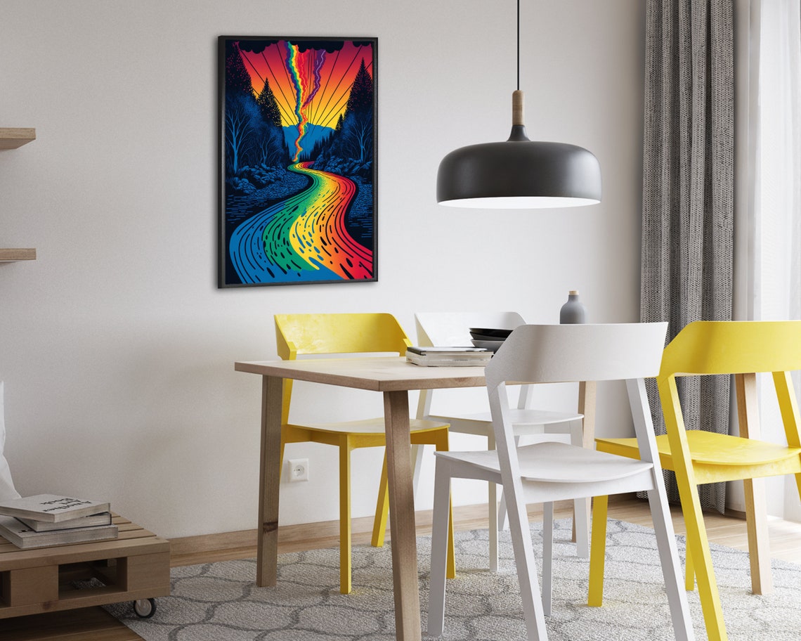 Psychedelic Rainbow Waterfall Winding River Pine Forest Poster - Image 2