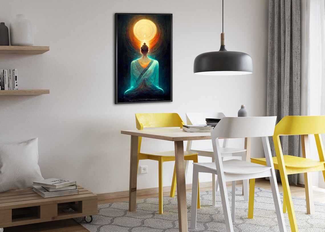 Buddha in Teal Robes Before a Radiant Golden Sun Halo Poster - Image 2