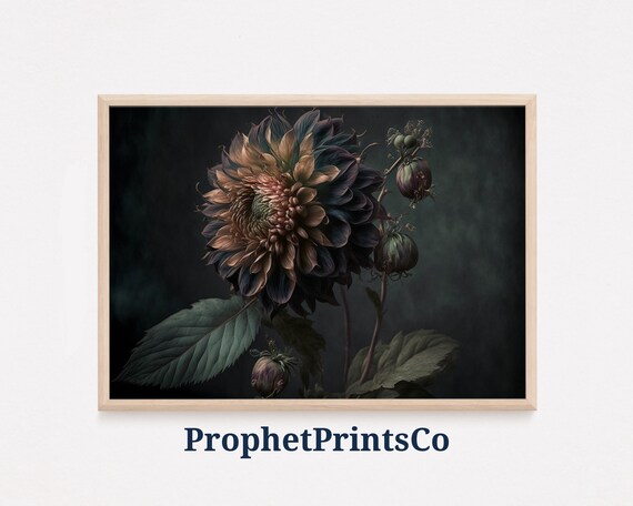 Moody Vintage Copper Dark Bloom With Buds on Black Background Art Poster