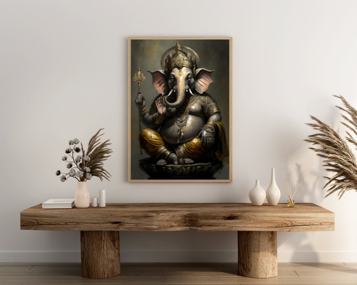 Lord Ganesh Golden Crown Blessing Mudra Metallic Hindu Art Poster - Image 3