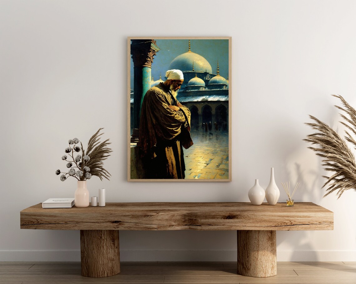 Old Man in Turban Poster Prayer Before Mosque Courtyard Oil Painting - Image 3