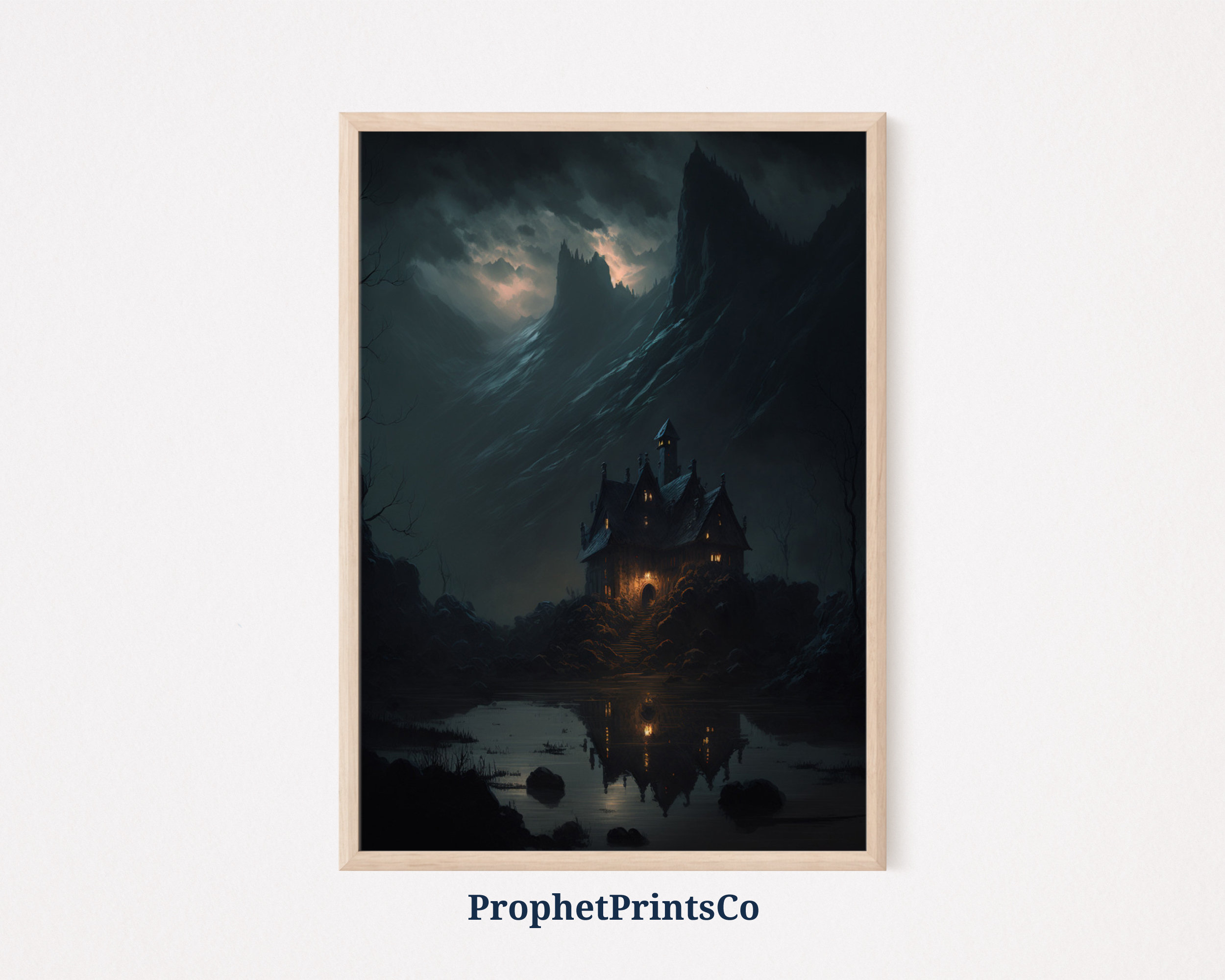 Gothic Manor by Moonlit Lake Reflection Mountain Night Poster