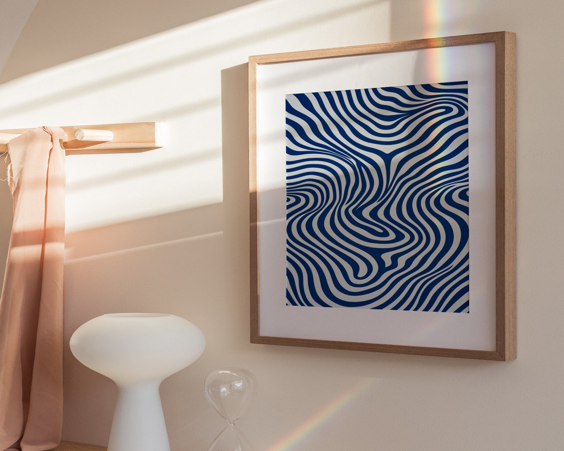 Navy And Cream Wavy Line Optical Illusion Abstract Art Poster - Image 3