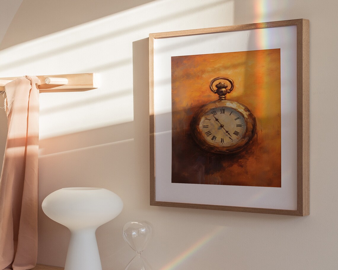 Antique Pocket Watch Roman Numerals Amber Oil Painting Poster - Image 3