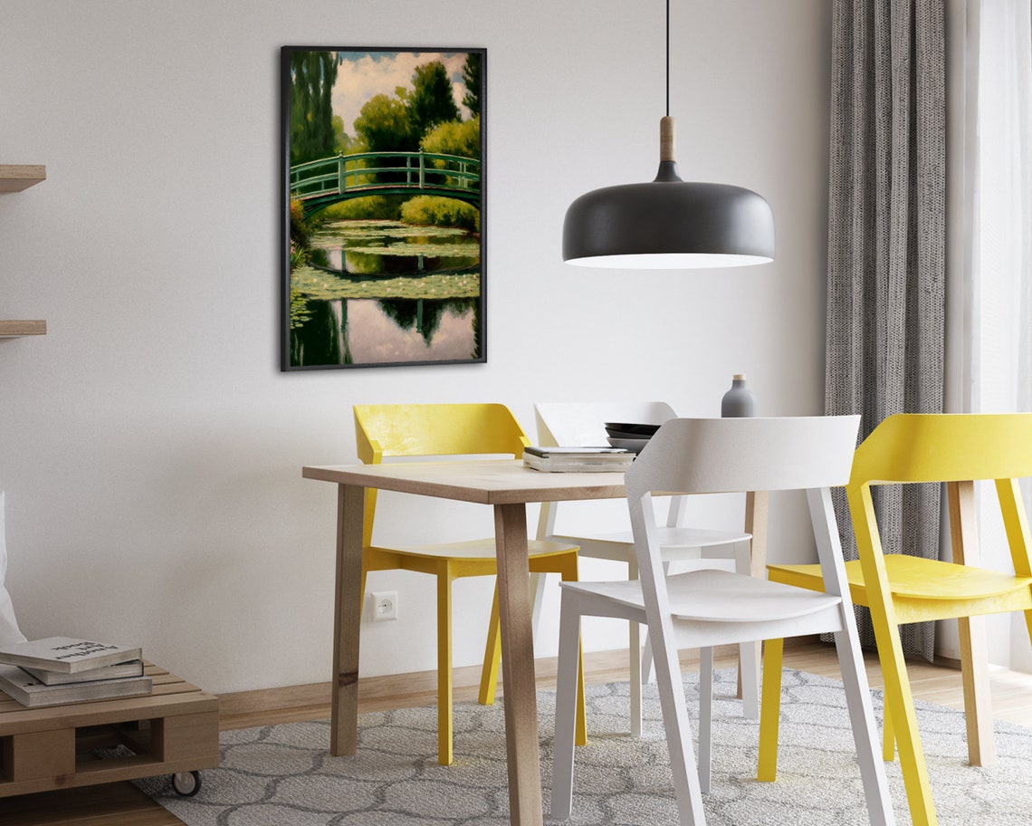 Green Garden Footbridge Reflected in a Calm Water Lily Pond Art Poster - Image 2