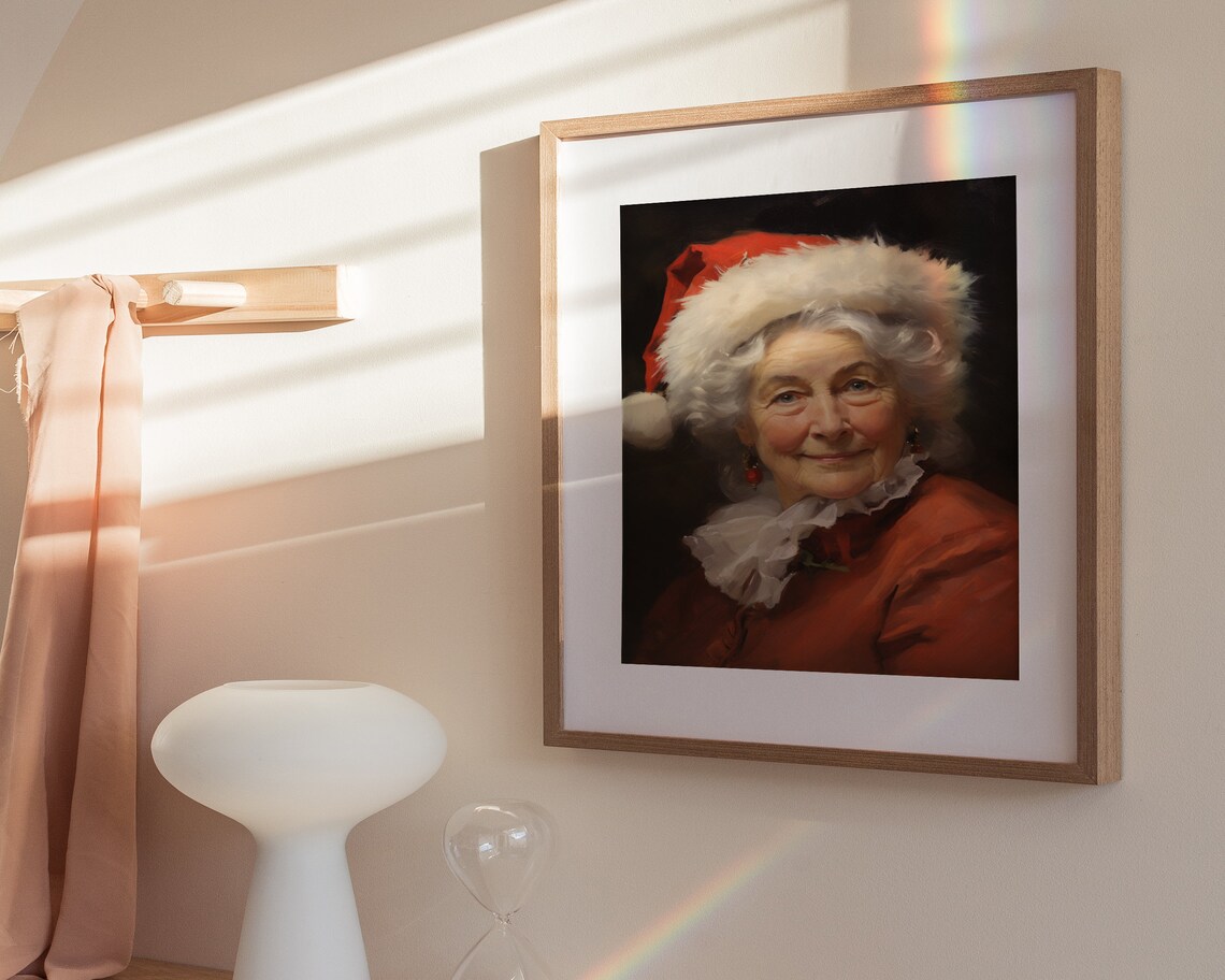 Mrs Claus Portrait in Santa Hat Vintage Style Christmas Oil Painting Poster - Image 3