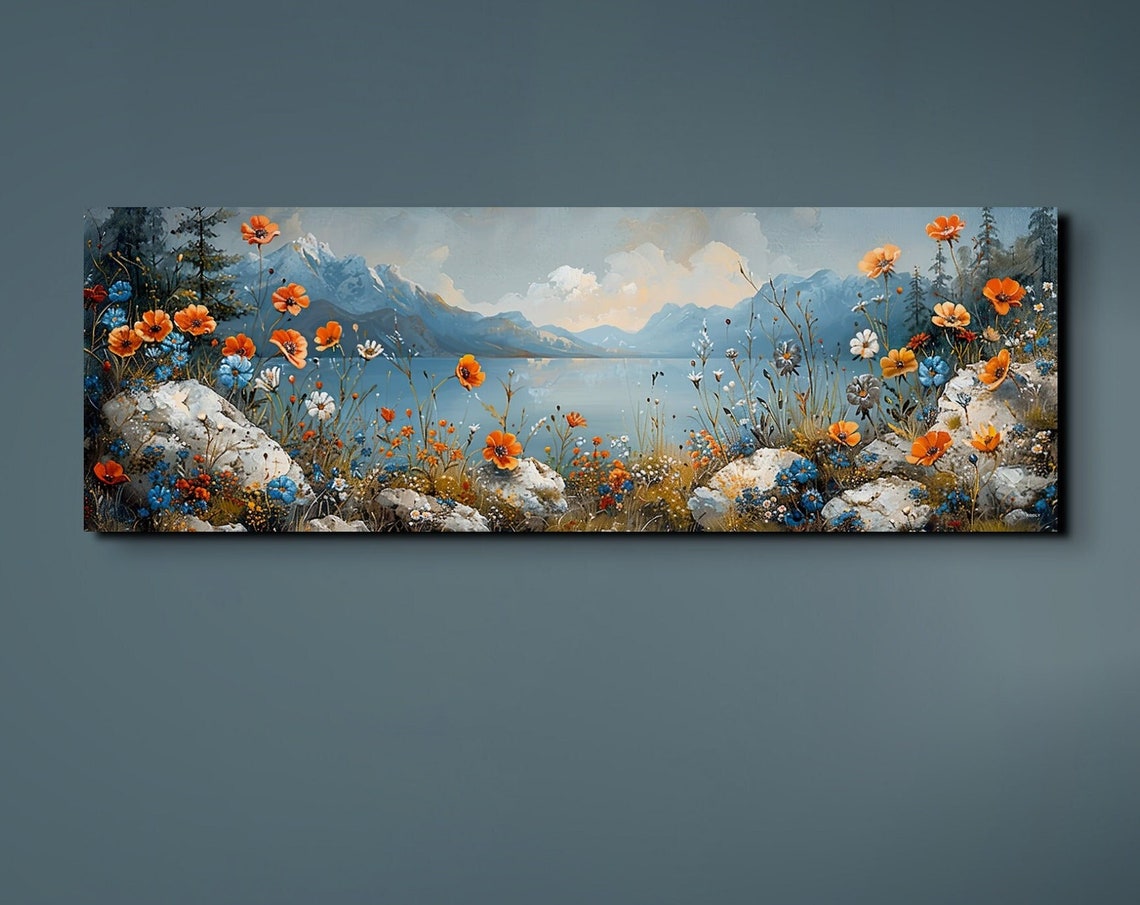 Orange Wildflowers by a Mountain Lake in a Painterly Style Poster