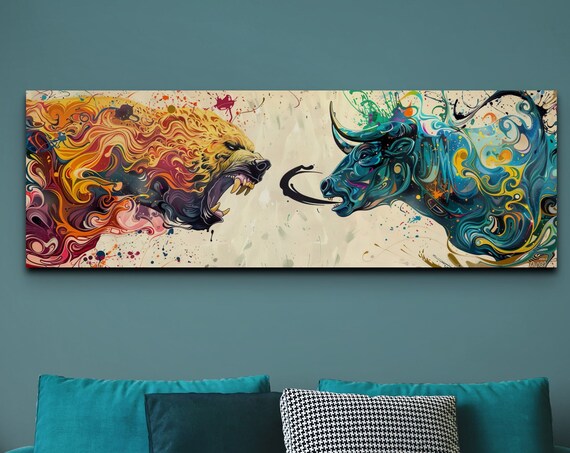 Bull Vs Bear Stock Market Duel Fiery Abstract Animal Heads Panoramic Poster